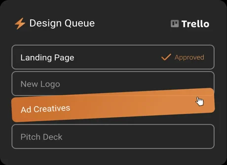 Design queue on Trello — tasks moving from requested to approved